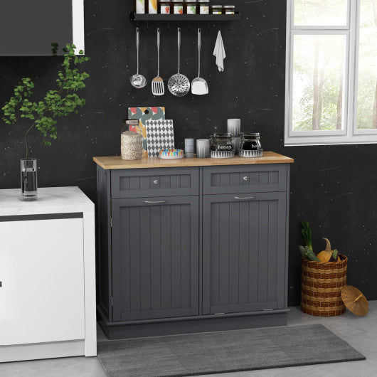 Costway Gray Rubber Wood Kitchen Trash Cabinet with Single Trash Can Holder and Adjustable Shelf
