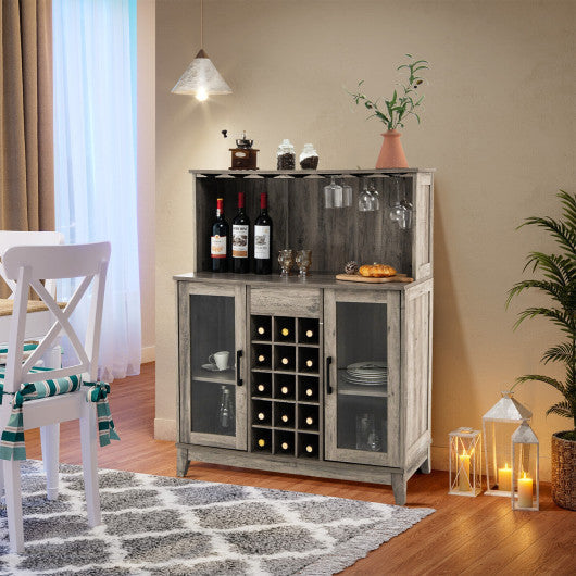 Costway Gray Storage Bar Cabinet with Framed Tempered Glass Door