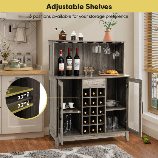 Costway Gray Storage Bar Cabinet with Framed Tempered Glass Door