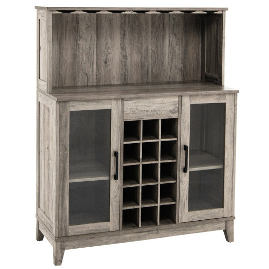 Costway Gray Storage Bar Cabinet with Framed Tempered Glass Door