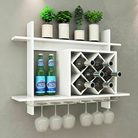 Costway Household Wall Mount Wine Rack Organizer with Glass Holder Storage Shelf