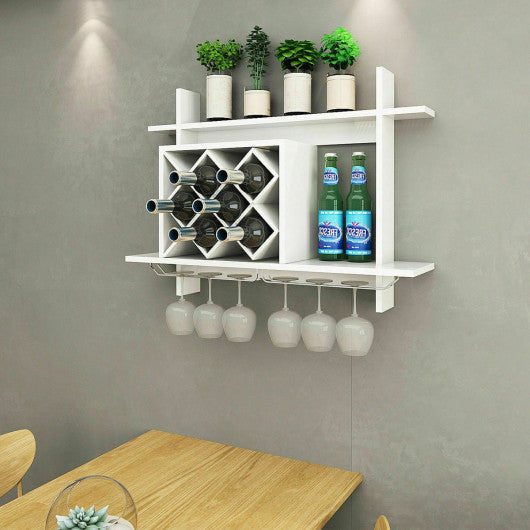 Costway Household Wall Mount Wine Rack Organizer with Glass Holder Storage Shelf