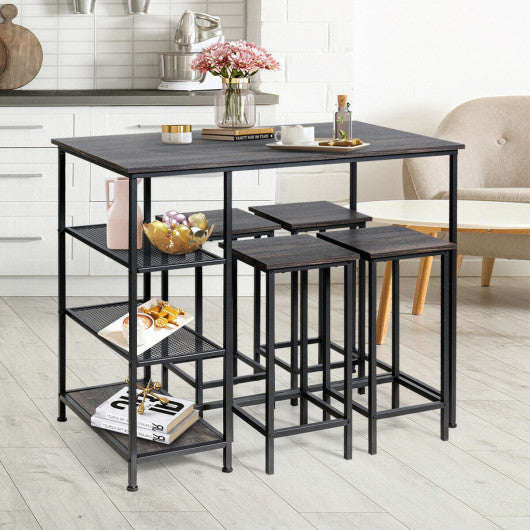 Costway Industrial Dining Bar Pub Table with Metal Frame and Storage Shelves