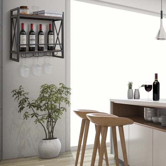 Costway Industrial Wall Mounted Wine Rack with 3 Stem Glass Holders