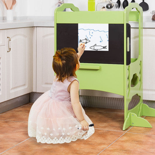 Costway Kids Height Adjustable Kitchen Step Stool Toddlers Kitchen Helper w/ Chalkboard - Coffee