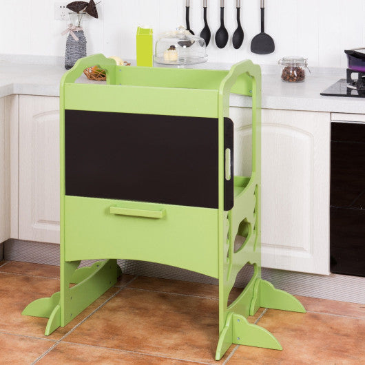 Costway Kids Height Adjustable Kitchen Step Stool Toddlers Kitchen Helper w/ Chalkboard - Coffee