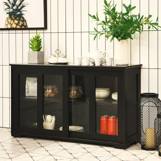 Costway Kitchen Storage Cabinet with Glass Sliding Door-Black