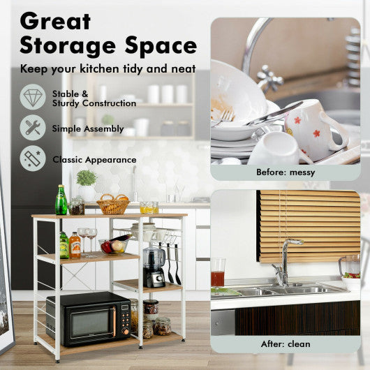 Costway Natural Industrial Kitchen Baker's Rack Microwave Shelf with 6 Hooks