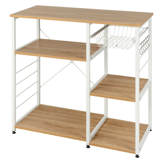 Costway Natural Industrial Kitchen Baker's Rack Microwave Shelf with 6 Hooks