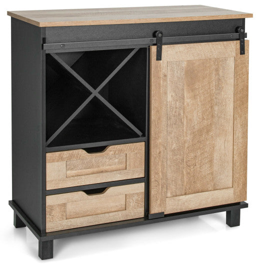 Costway Natural Kitchen Buffet Sideboard with Sliding Barn Door 2 Drawers and Wine Rack