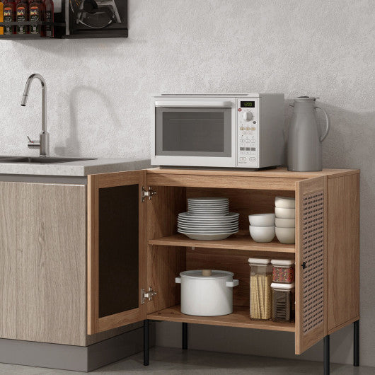 Costway Natural Kitchen Sideboard with 2 Rattan Doors and Adjustable Shelf