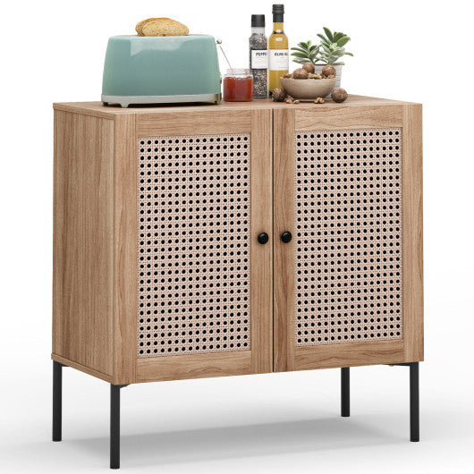 Costway Natural Kitchen Sideboard with 2 Rattan Doors and Adjustable Shelf