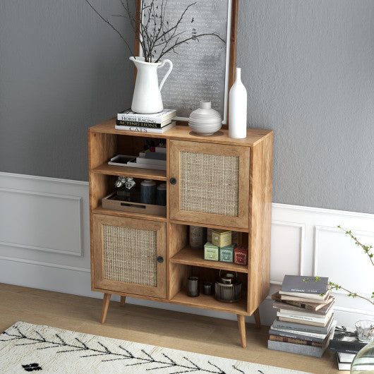 Costway Natural Rattan Buffet Cabinet with 2 Doors and 2 Cubbies