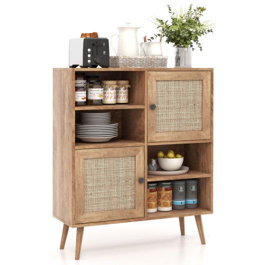 Costway Natural Rattan Buffet Cabinet with 2 Doors and 2 Cubbies