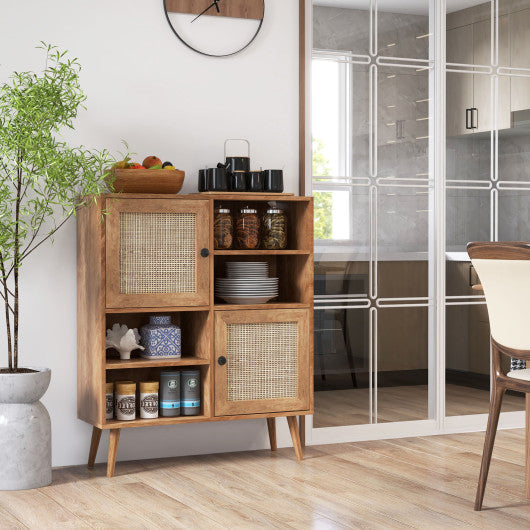 Costway Natural Rattan Buffet Cabinet with 2 Doors and 2 Cubbies