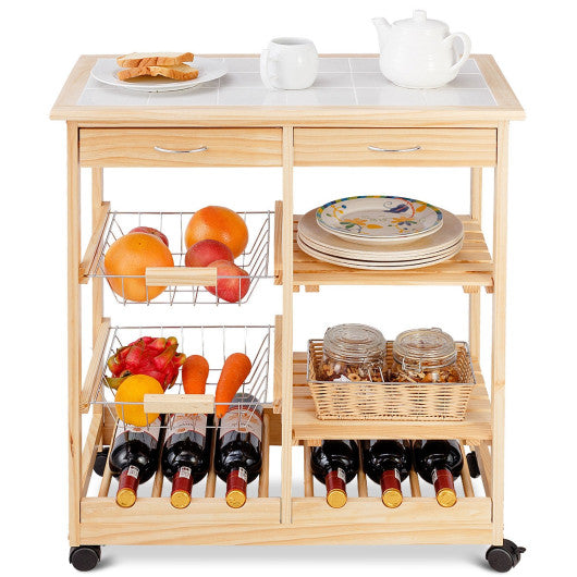 Costway Natural Rolling Wood Kitchen Trolley Cart Island Shelf w/ Storage Drawers Baskets New