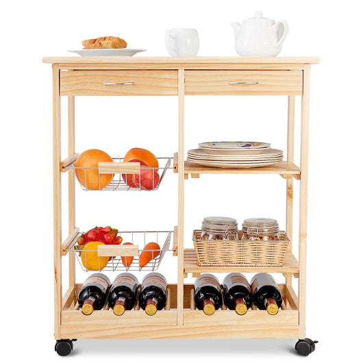 Costway Natural Rolling Wood Kitchen Trolley Cart Island Shelf w/ Storage Drawers Baskets New