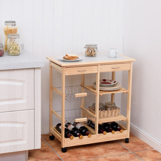 Costway Natural Rolling Wood Kitchen Trolley Cart Island Shelf w/ Storage Drawers Baskets New