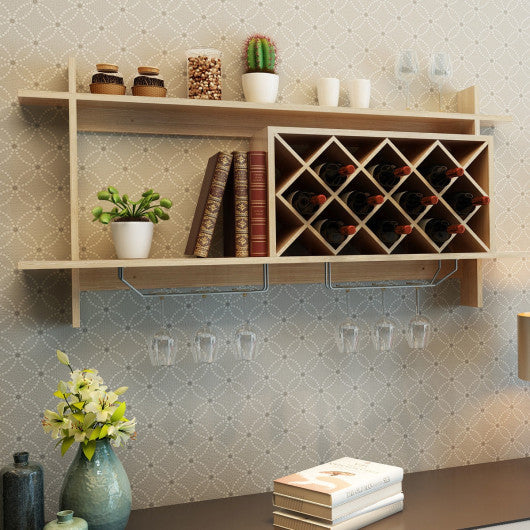 Costway Natural Wall Mount Wine Rack with Glass Holder & Storage Shelf