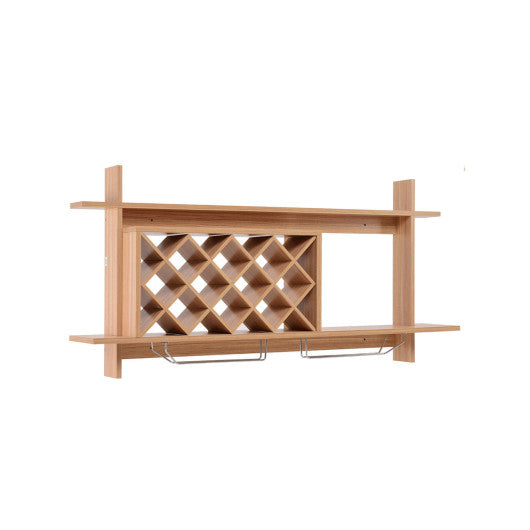 Costway Natural Wall Mount Wine Rack with Glass Holder & Storage Shelf