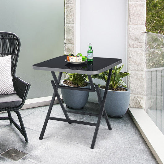 Costway Patio Folding Square Dining Table with Aluminum Frame and Tempered Glass Top