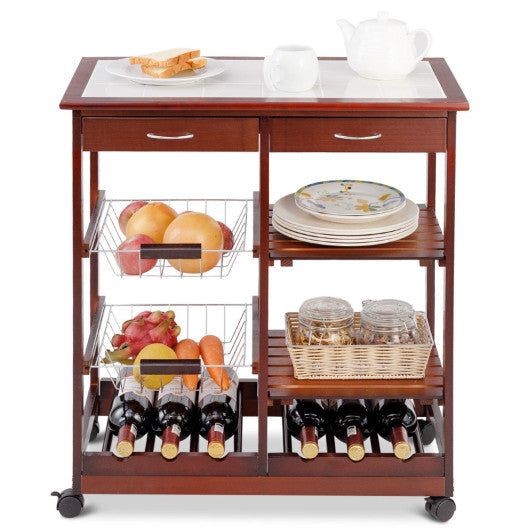 Costway Red Rolling Wood Kitchen Trolley Cart Island Shelf w/ Storage Drawers Baskets New