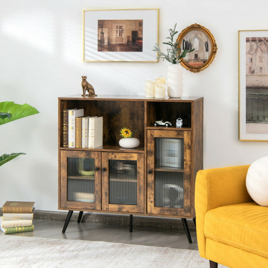Costway Rustic Brown Buffet Kitchen Storage Cupboard with Glass Door and Adjustable Shelves