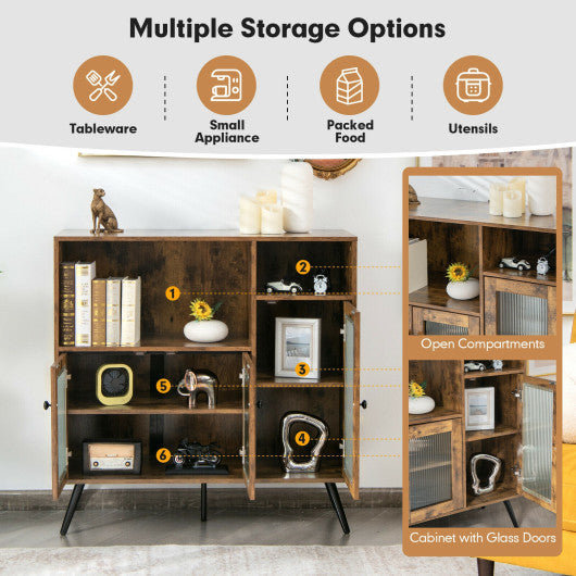 Costway Rustic Brown Buffet Kitchen Storage Cupboard with Glass Door and Adjustable Shelves