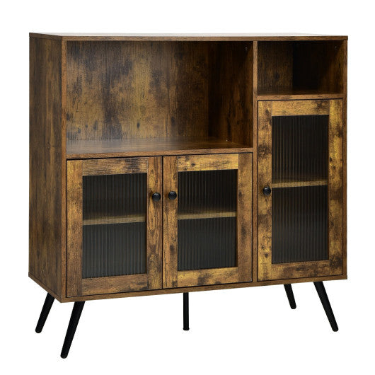 Costway Rustic Brown Buffet Kitchen Storage Cupboard with Glass Door and Adjustable Shelves
