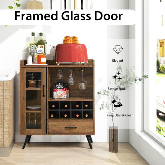 Costway Rustic Brown Buffet Sideboard with Removable Wine Rack and Glass Holder