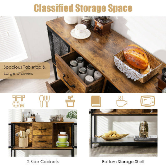 Costway Rustic Brown Industrial Buffet Sideboard Kitchen Cupboard with Metal Mesh Doors and 2 Drawers