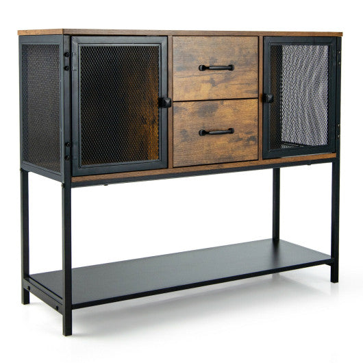 Costway Rustic Brown Industrial Buffet Sideboard Kitchen Cupboard with Metal Mesh Doors and 2 Drawers