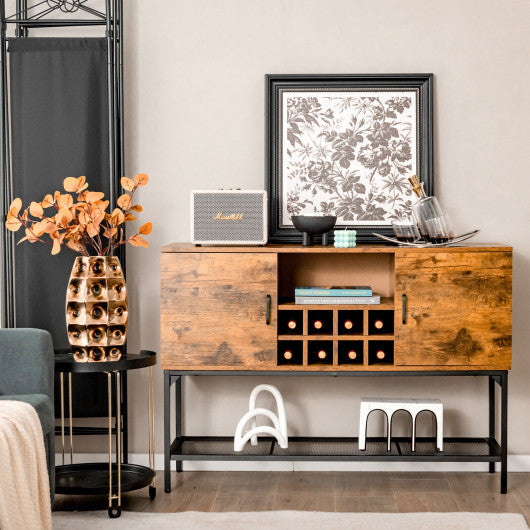 Costway Rustic Brown Industrial Kitchen Buffet Sideboard with Wine Rack and 2 Doors