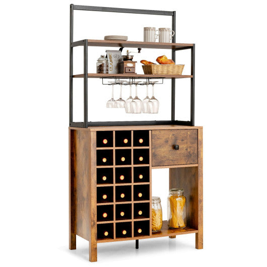 Costway Rustic Brown Kitchen Baker's Rack Freestanding Wine Rack Table with Glass Holder and Drawer
