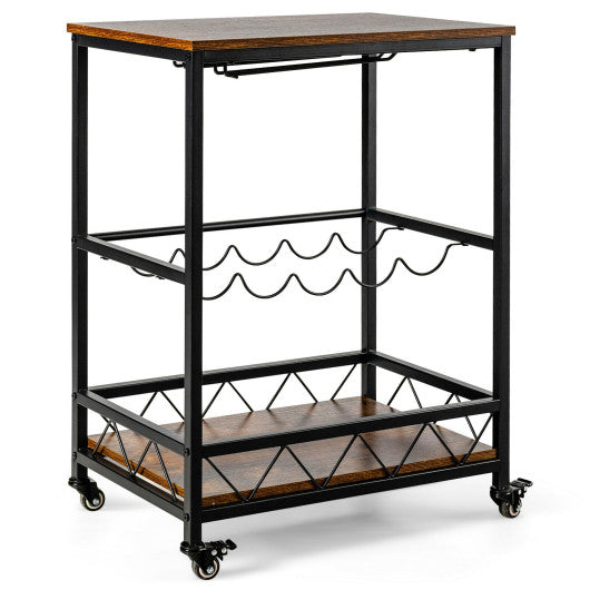 Costway Rustic Brown Kitchen Bar Cart Serving Trolley on Wheels with Wine Rack Glass Holder