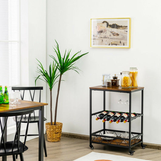 Costway Rustic Brown Kitchen Bar Cart Serving Trolley on Wheels with Wine Rack Glass Holder