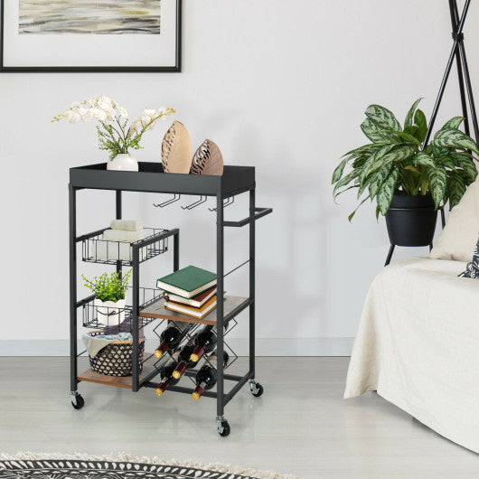 Costway Rustic Brown Kitchen Island Cart on Wheels with Removable Top and Wine Rack