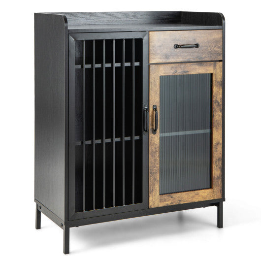 Costway Rustic Brown Kitchen Sideboard Buffet Industrial Pantry Cupboard with Metal Glass Door