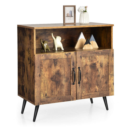 Costway Rustic Brown Mid-century Wooden Storage Cabinet Wine Glass Holders