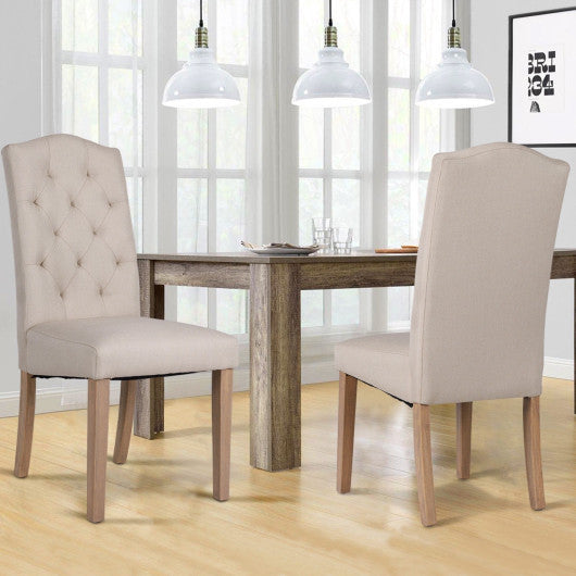 Costway Set of 2 Beige Fabric Upholstered Dining Chair with Solid Wood Legs