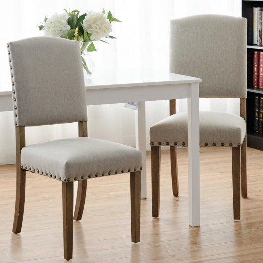 Costway Set of 2 Beige Nailhead Fabric Upholstered Dining Side Chair