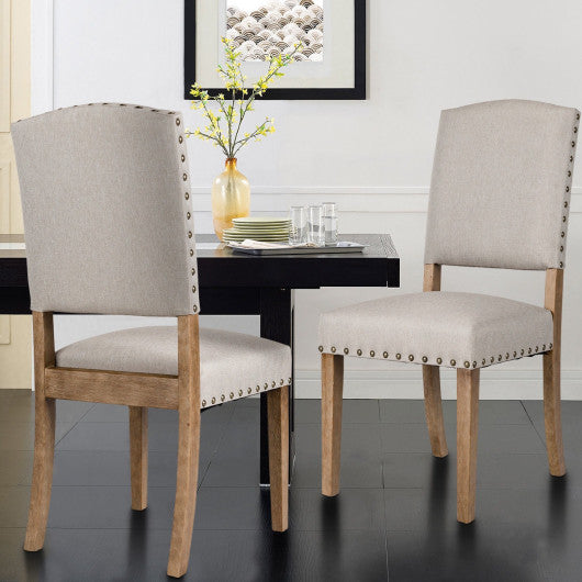 Costway Set of 2 Beige Nailhead Fabric Upholstered Dining Side Chair