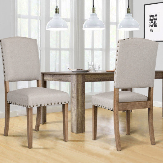 Costway Set of 2 Beige Nailhead Fabric Upholstered Dining Side Chair