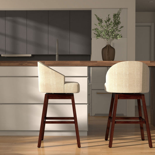 Costway Set of 2 Beige Swivel Bar Stools with Rubber Wood Legs and Padded Back
