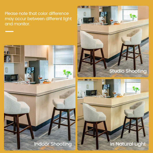 Costway Set of 2 Beige Swivel Bar Stools with Rubber Wood Legs and Padded Back