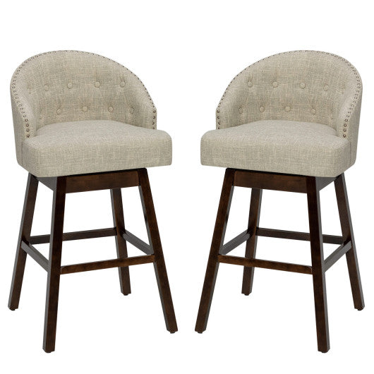 Costway Set of 2 Beige Swivel Bar Stools with Rubber Wood Legs and Padded Back