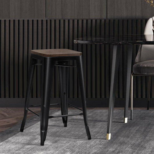 Costway Set of 2 Black Counter Height Backless Stool with Wooden Seat