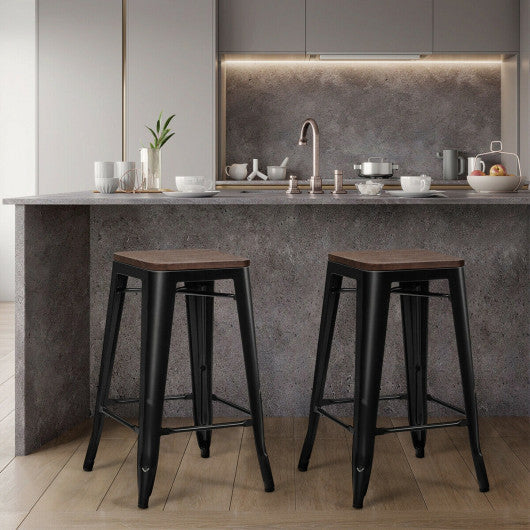 Costway Set of 2 Black Counter Height Backless Stool with Wooden Seat