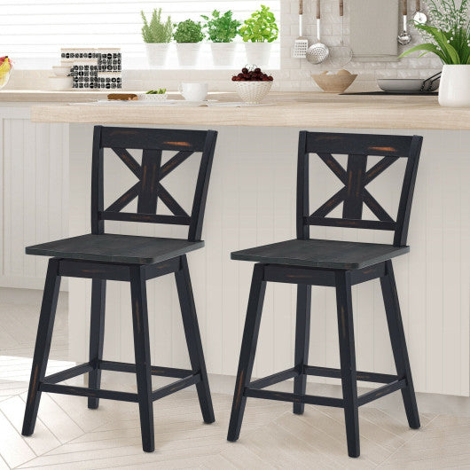 Costway Set of 2 Black Swivel Counter Height Bar Stools with Solid Wood Legs