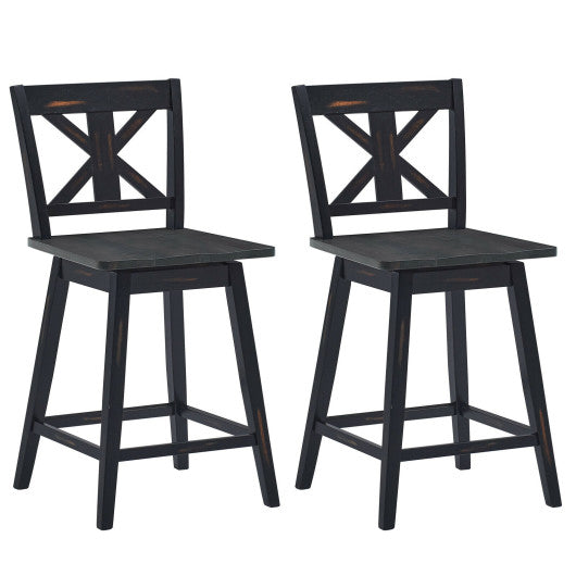 Costway Set of 2 Black Swivel Counter Height Bar Stools with Solid Wood Legs